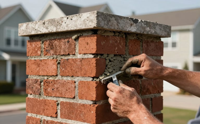 A close-up photograph of expert masonry repair on a residential chimney in a US suburban neighborhood, showing a skilled hand applying fresh mortar between red bricks, clean lines, focused lighting, highlighting precision and craftsmanship.