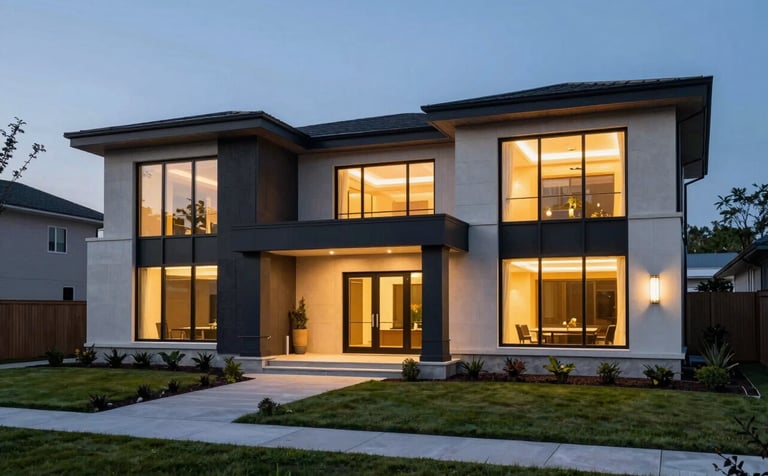 A professional architectural photograph of a contemporary North American luxury home exterior at twilight, featuring warm light glowing from large glass windows, clean lines, and a manicured landscape with dark navy and light grey accents.