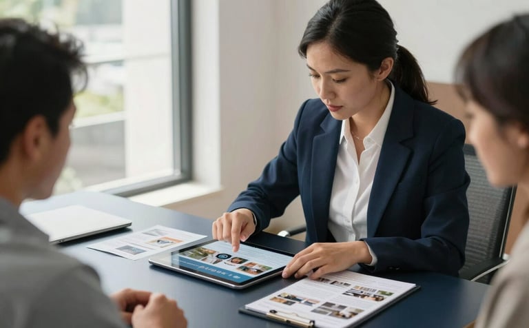 A professional medium shot of a real estate agent and a client in a sunlit, modern North American office, reviewing digital property brochures on a tablet over a dark navy desk.