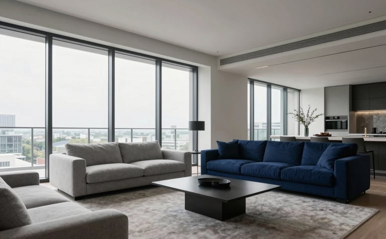A wide-angle interior photograph of a sleek, high-end North American penthouse living room with floor-to-ceiling windows, featuring minimalist furniture in light grey and navy blue.