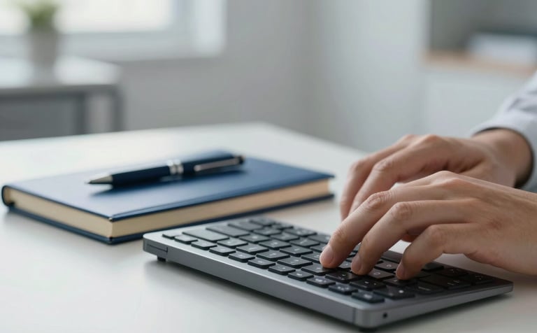 A professional photograph showing a close-up of a designer's hands working on a sleek keyboard. A steel blue notebook and a dark slate pen are positioned neatly on the side. The background is a blurred, bright office space with soft gray walls.