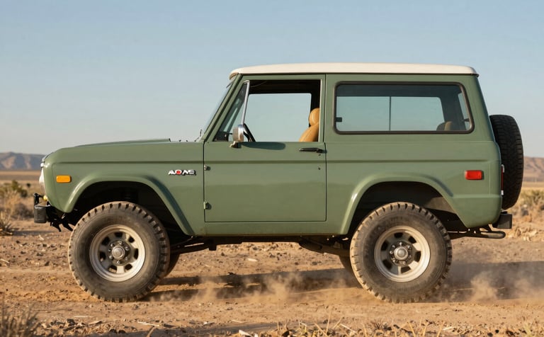 A side-profile photograph of a vintage first-generation Ford Bronco in Sage Green driving on a dusty North American / US trail. The morning sun casts a warm glow, highlighting the Earthy Tan leather interior and the rugged tires kicking up a light cloud of dust.