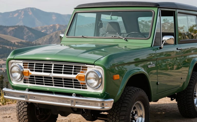 A close-up high-quality photograph of a perfectly restored Deep Forest Green Ford Bronco parked at a scenic mountain overlook in the North American / US West. The lighting is crisp, highlighting the chrome details and the nostalgic pride of the build.