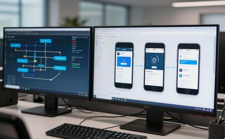 A sophisticated North American corporate environment. A professional workstation showing high-end mobile app architecture diagrams on multiple screens. The lighting is crisp and modern with a focus on trust and expertise, featuring medium blue tones.