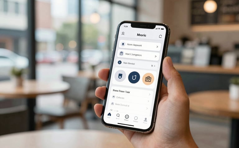 A close-up of a high-quality smartphone in a North American setting, held by a professional in a bright urban cafe. The screen displays a sophisticated, user-centric application interface. Background is a soft bokeh of a clean, modern city.