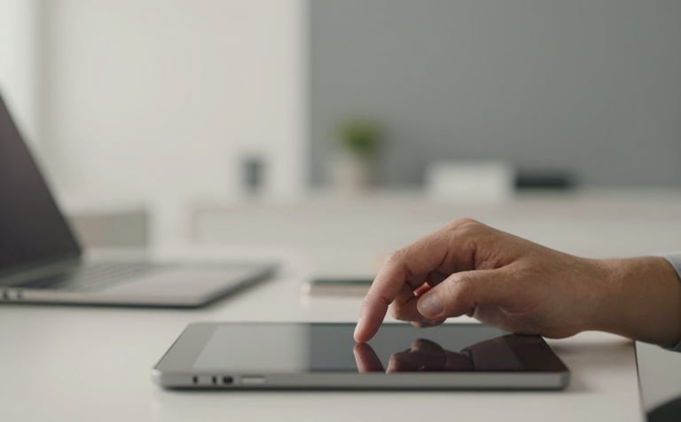 Close-up of a professional in a Spanish / Iberian creative studio working on a tablet. Sharp focus on the hands, with a blurred background of a minimalist office in soft off-white and medium slate grey.