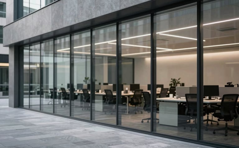 A professional environment in a modern Spanish / Iberian business center. A sleek, minimalist glass wall reflects a blurred workspace. The composition is clean and architectural, utilizing medium slate grey and dark charcoal grey tones.