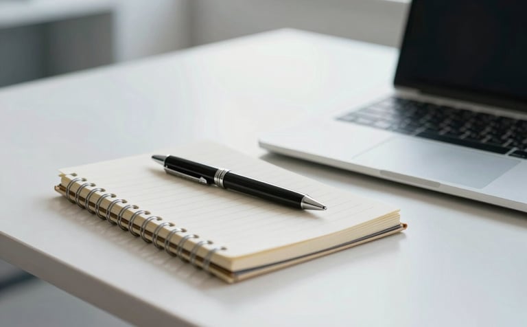 A clean, organized desk in a bright, modern Spanish / Iberian office with a notebook, a professional pen, and a closed laptop. The lighting is soft and natural, featuring a palette of soft off-white and light muted blue-grey tones.