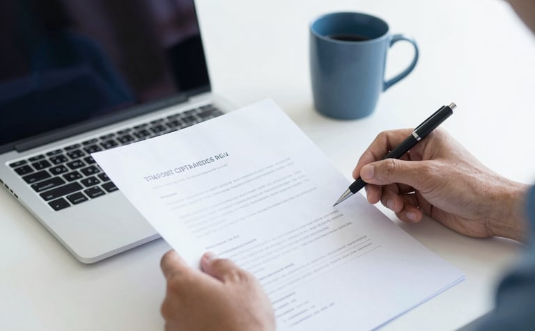 A minimalist, high-quality photograph of a professional's hands reviewing a clean financial document on a white desk. A sleek laptop and a blue coffee mug are visible. Lighting is bright and natural. Incorporates a professional palette of #0A2A44 and #7BAED8 in the objects.