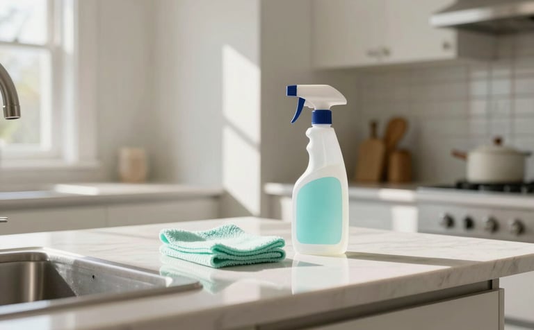 A bright and airy residential kitchen in a home in Amherst. The sunlight illuminates soft off-white walls and polished surfaces. On a clean counter, a pale seafoam cleaning cloth sits next to a professional spray bottle. High-end photography, organized and fresh aesthetic.