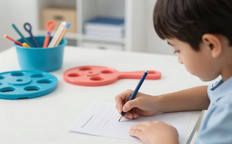 Close-up of a child focusing on a writing task with a therapist in a bright, modern clinic. The background features organized educational tools in azure blue and coral red. Professional and empathetic photography style.