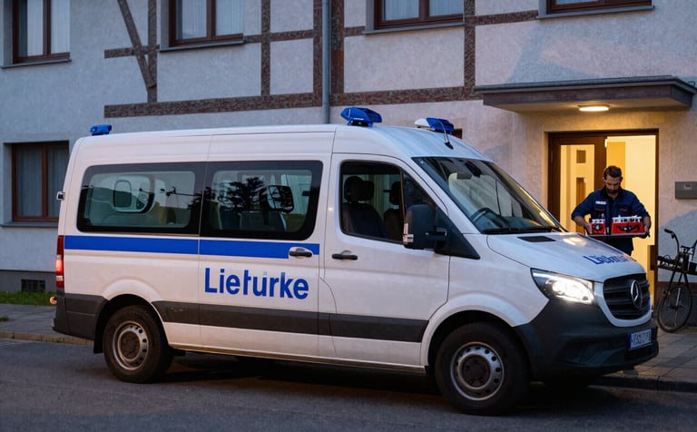 An emergency service vehicle with subtle light blue branding parked in front of a German residential building during twilight. The atmosphere is reliable and calm. A technician is seen walking towards the entrance carrying specialized diagnostic tools.
