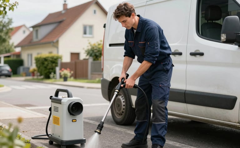 A professional service technician in navy blue workwear operating a high-pressure flushing unit near a service van. The scene is set on a residential street in Central Europe, during a bright day. The focus is on the specialized cleaning equipment and the technician's expert handling.