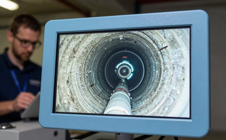 A close-up of a high-resolution sewer camera monitor displaying a clear image of a pipe interior. A technician is visible in the background in a Central European basement, focusing on the diagnostic equipment. Professional, clinical atmosphere with light blue accents.