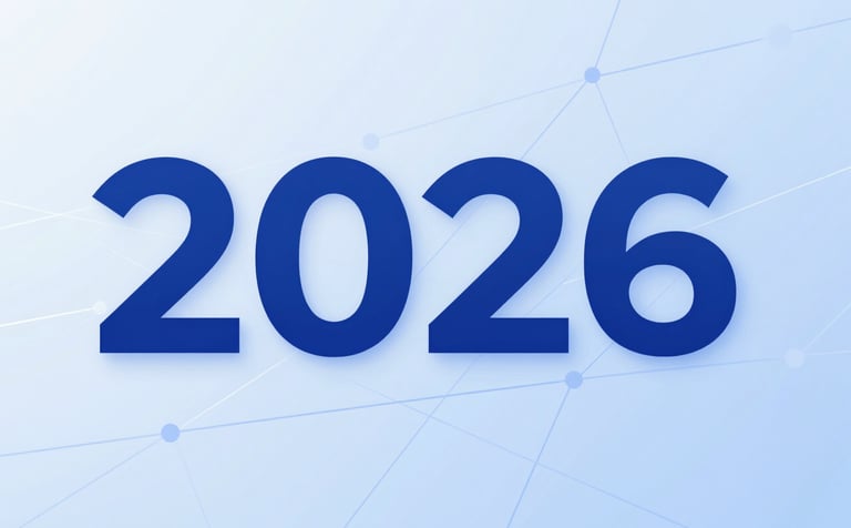 An abstract, futuristic visual representing technology trends of 2026. Minimalist lines and nodes forming a network, using the brand palette of #1A3E6F and #D4DCE4. The style is analytical and modern, with a lot of negative space and crisp typography-inspired elements.