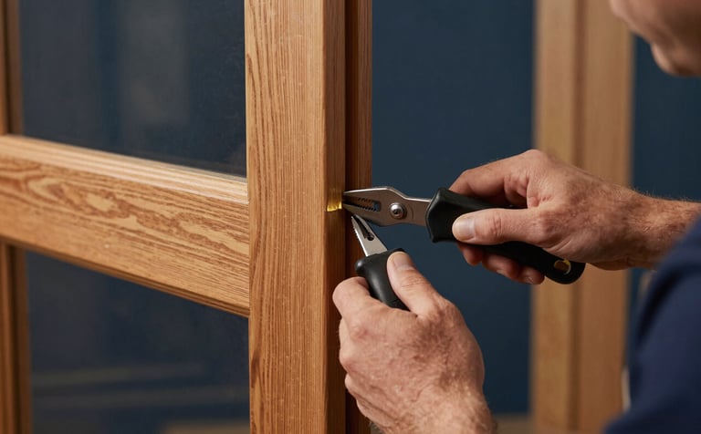 A close-up of a professional craftsman's hands using high-quality tools to repair a wooden door frame in a North American home. The workspace is organized and efficient, reflecting modern craftsmanship with tones of Dark Blue and Warm Wood.