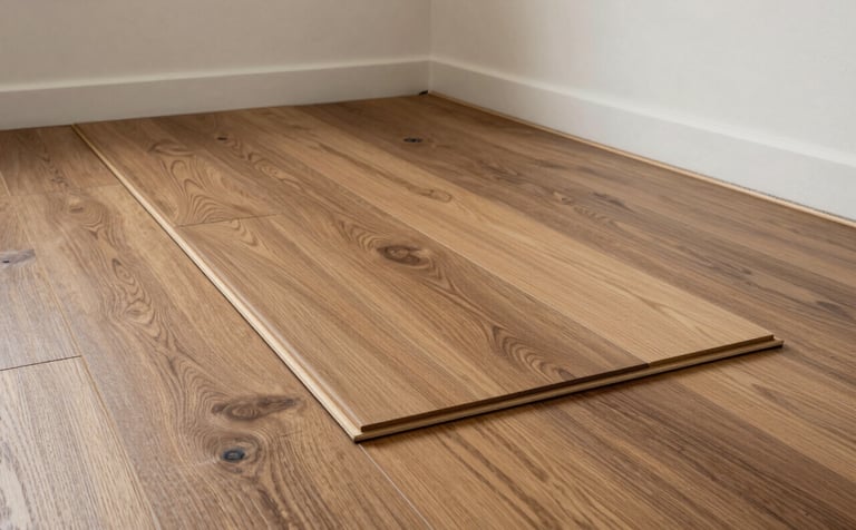 High-angle photography of luxury vinyl plank flooring being installed in a modern Los Angeles residence. The focus is on the precision of the interlocking planks. The palette features Warm Wood tones and clean Off-white walls in the background.