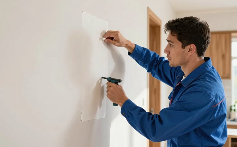 A professional handyman in a clean, modern North American home environment precisely patching a drywall section. The lighting is bright and natural, highlighting a smooth, expert finish. The scene includes hints of Steel Blue work attire and Warm Wood accents in the room's decor.