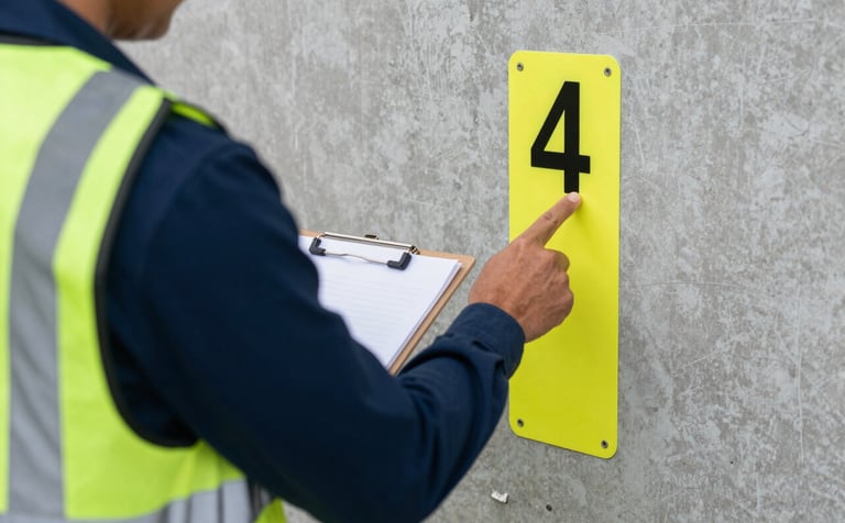 Professional photography, North American / US context. An over-the-shoulder, faceless shot of a person in a safety vest holding a clipboard, pointing at a high-visibility yellow safety marker on a concrete wall. Authoritative, crisp style. Colors: Charcoal Gray and Deep Navy Blue.