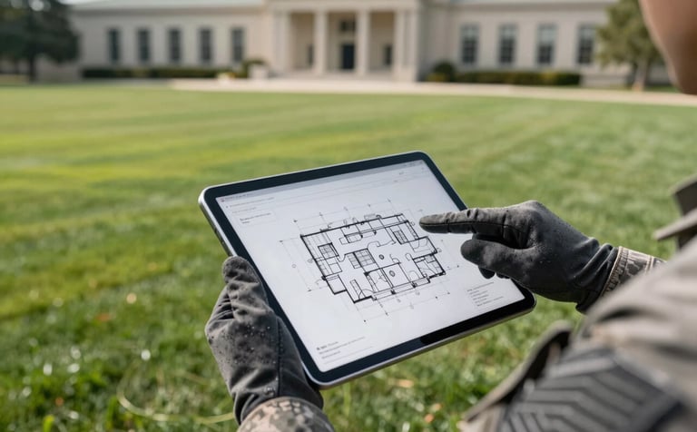Faceless photography, detail shot of gloved hands holding a modern tablet and reviewing a site blueprint on a perfectly manicured lawn of a North American government facility. Lighting is bright, midday sun. Aesthetic of military-grade precision. Primary colors: Charcoal Gray and Crisp White.