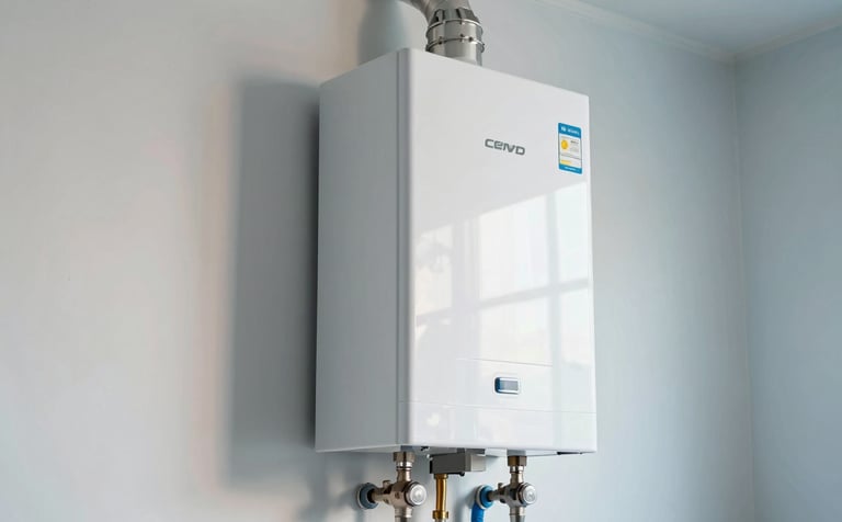 A high-end, modern white gas boiler installed on a clean, light wall in a contemporary utility room. The lighting is bright and clean, reflecting a professional installation. Details include soft sky blue pipes and a very pale blue wall in the background.