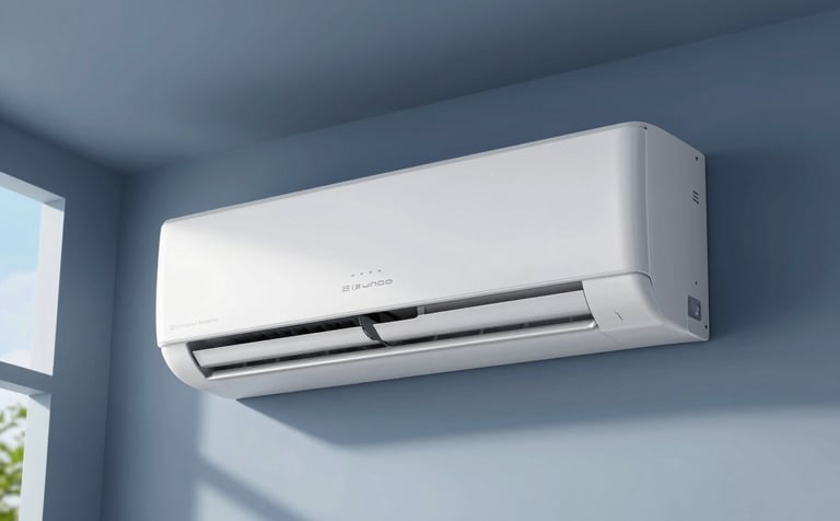 A sleek, modern split air conditioning unit mounted on a muted blue interior wall. The design is minimalist and clean. Sunlight filters through a window, creating a fresh and comfortable atmosphere. Commercial photography style.