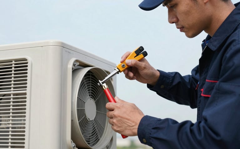 Close-up of a professional HVAC technician in a dark navy blue uniform using tools to inspect the internal components of an outdoor unit. Very pale blue sky background. Clean and professional lighting.