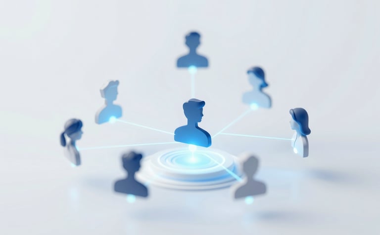 A futuristic visualization of user segmentation, featuring floating abstract profiles connected by glowing data streams. Professional and user-friendly design with soft lighting, incorporating the colors #8DAABF and #F1F4F9. The composition conveys organized complexity and growth.