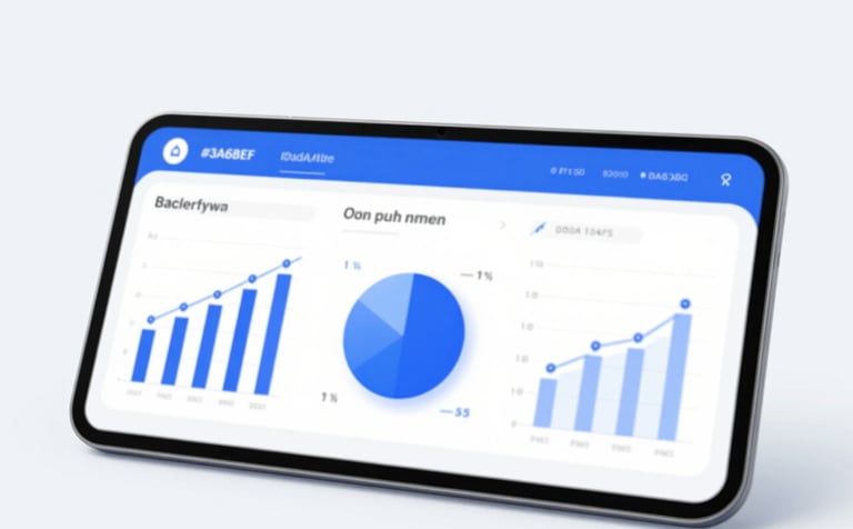 A clean, sophisticated digital dashboard showing real-time mobile app analytics with 3D isometric charts and data points. The style is professional and cutting-edge, utilizing a color palette of #3A6B8F and #8DAABF against a crisp #F1F4F9 background. High-tech and efficient atmosphere.