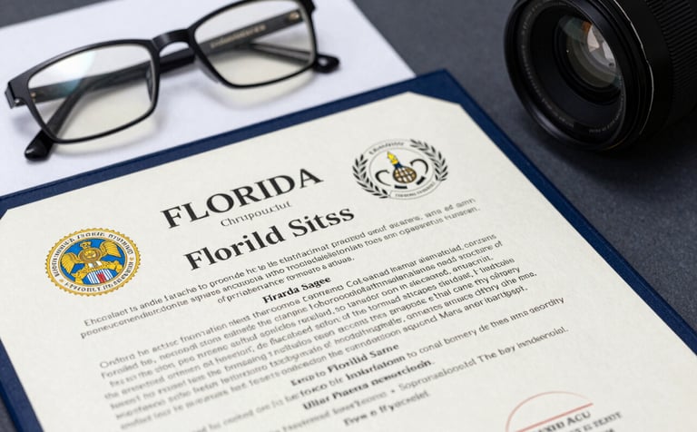A close-up, sharp focus photograph of a professional certification document resting on a dark charcoal blue desk. The document features official seals and clear typography referencing Florida statutes. A pair of professional glasses sits nearby on an arctic white surface.