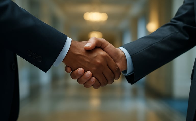 A close-up of a professional handshake between two business individuals in a luxury hotel environment. The background is softly blurred with light blue and off-white tones, conveying credibility and trust. Global / Corporate atmosphere.
