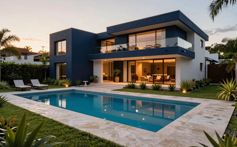 A luxurious contemporary house with a large swimming pool and manicured garden in an upscale South American / Brazilian gated community in Nova Lima, sunset lighting, elegant dark navy blue exterior accents.