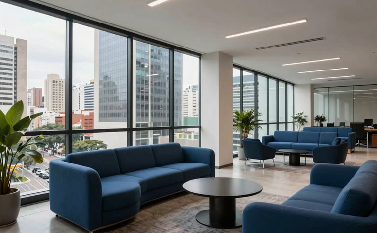 Interior of a modern commercial office space in a high-rise building in South American / Brazilian downtown Belo Horizonte, large glass windows, minimalist indigo blue furniture, professional and bright atmosphere.