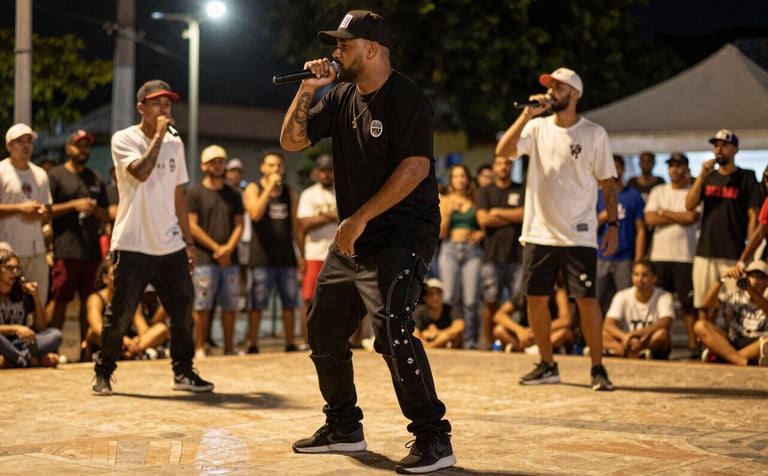 Action shot of a Brazilian rap battle at night in a public square, MCs with microphones, energetic crowd blurred in the background, warm gold lighting from street lamps.