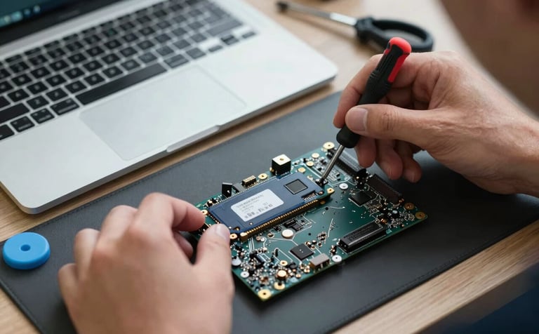 A top-down view of a technician's hands installing a new high-speed SSD into a modern laptop's motherboard. Precision tools like a small screwdriver and anti-static mat are visible. Clean, professional tech vibe featuring colors #2A5D7C and #F7FAFC.