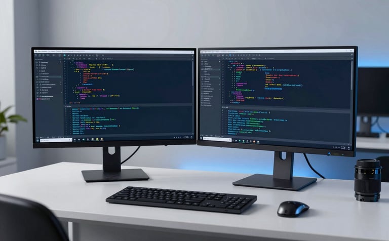 A professional developer working at a minimalist desk with two large high-resolution monitors displaying complex code in a sleek North American office, illuminated by soft blue and white light for a sophisticated tech atmosphere.