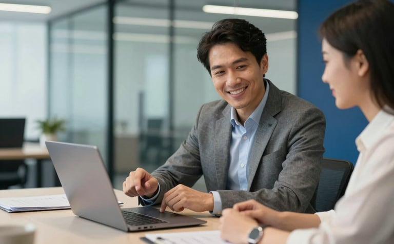 A professional support specialist in a modern, glass-walled office in North America, smiling and pointing at a laptop screen during a strategic planning meeting with off-white and deep blue interior accents.