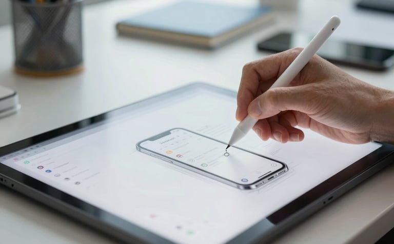 A close-up of a designer's hand using a stylus on a professional tablet, sketching a mobile app interface in a bright, sunlit creative studio in a modern North American office, with soft blue and white tones in the background.