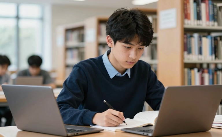 A focused high school student studying in a bright, modern library in North American / US, with books and a laptop, soft natural light, professional photography, colors including dark navy and light blue.
