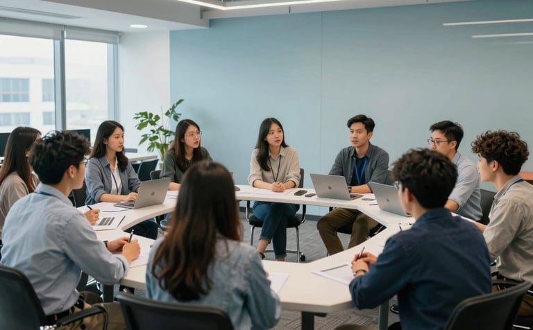A group of motivated young adults participating in a leadership workshop in a modern Ohio office space, North American / US setting, collaborative and inspiring lighting, including light blue and medium blue palette.