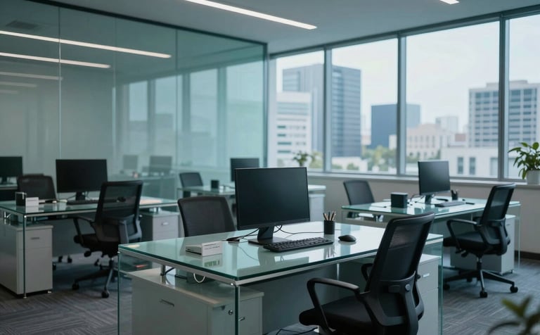 A sleek, high-tech corporate office in a South Asian / Indian city, featuring clean glass desks and modern technology, illuminated with muted teal and soft sky blue light.