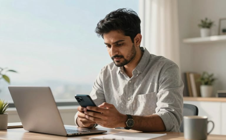 A focused entrepreneur in a modern South Asian / Indian home office checking a smartphone, bright morning light, professional setting with soft sky blue and pale off-white accents.