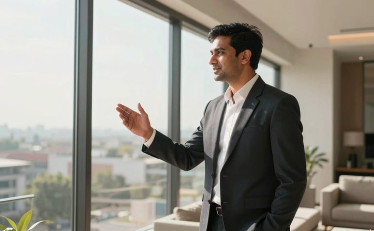 A professional South Asian male real estate consultant in a sharp suit standing in a sun-drenched, high-end modern apartment in Gurgaon, gesturing towards the expansive windows with a friendly and confident expression.
