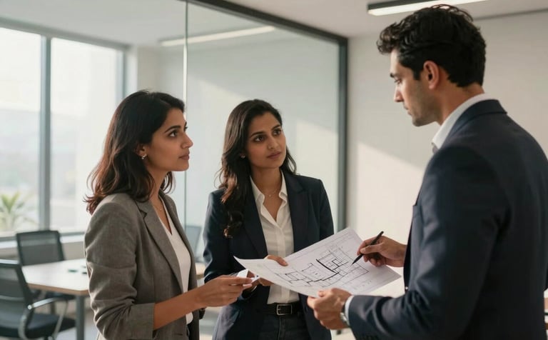 A sophisticated South Asian couple reviewing architectural plans with a real estate expert in a professional, minimalist office setting in Gurgaon, soft morning light filtering through glass partitions.