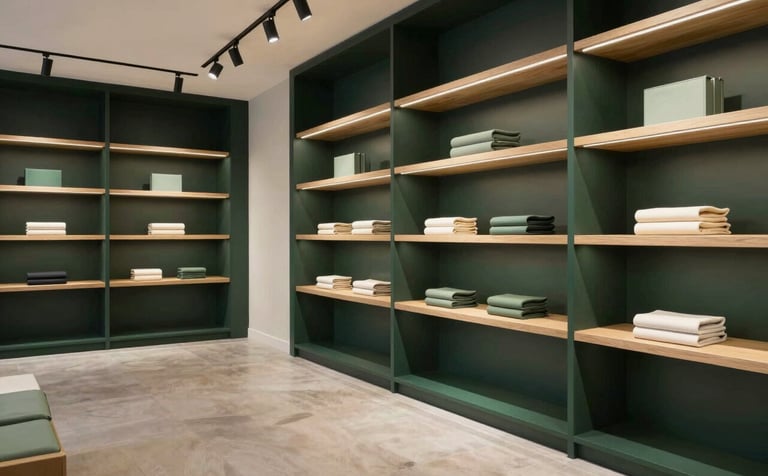 A wide-angle photography shot of a modern boutique retail space in a North American / US city. The interior features Deep Charcoal Green shelving and Sage Mist accents, creating a professional and inviting atmosphere. The lighting is crisp, showcasing the high-quality follow-through of a completed renovation.
