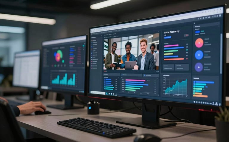 A high-tech digital workspace with multiple screens displaying vibrant social media analytics and engagement graphs. The lighting is professional yet creative, with deep shadows and highlights in #2A4E6C and #8BA7BF. The atmosphere is innovative and fast-paced, reflecting a modern social media agency.