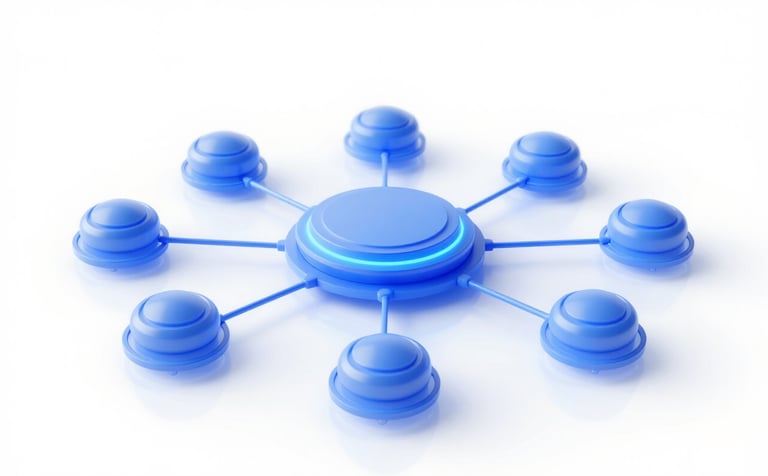 A high-tech, minimalist visualization of a central data hub connecting various enterprise nodes. Soft blue glow (#2C528B) on a clean white background, professional architectural style, reflecting high-end data consolidation and security.