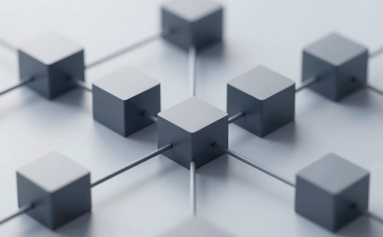 Abstract technological flow representating automated business processes. Interlocking geometric shapes in #0F1C2E and #A7B9CC, sharp lines, sleek professional lighting, symbolizing operational efficiency.