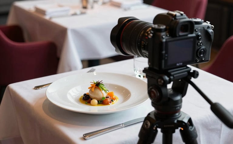 A close-up, high-angle photography shot of a professional camera on a tripod capturing a beautifully plated dish in a modern European restaurant. Soft, natural lighting highlights the textures of the food, set against a background of Crisp Parchment linens and Deep Ripe Crimson accents.