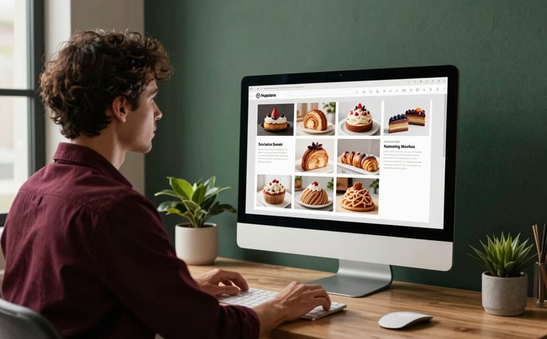 Photography of a digital marketing strategist in a cozy, sunlit North American office planning a social media grid on a large monitor for an artisanal bakery. The scene is elegant and professional, with a warm, sophisticated mood and hints of Deep Ripe Crimson and Forest Green in the decor.
